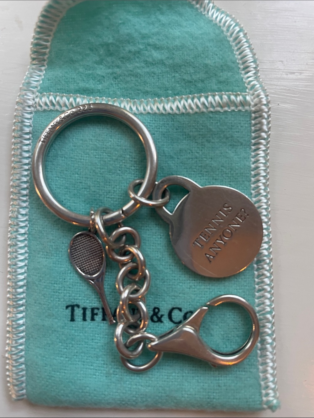 Tiffany & Co. Silver Tennis Racket Keyring with Blue Pouch